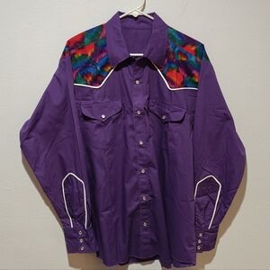 Handmade Western Rainbow Shirt XL Pearl Snap Button Up Cotton Purple Custom